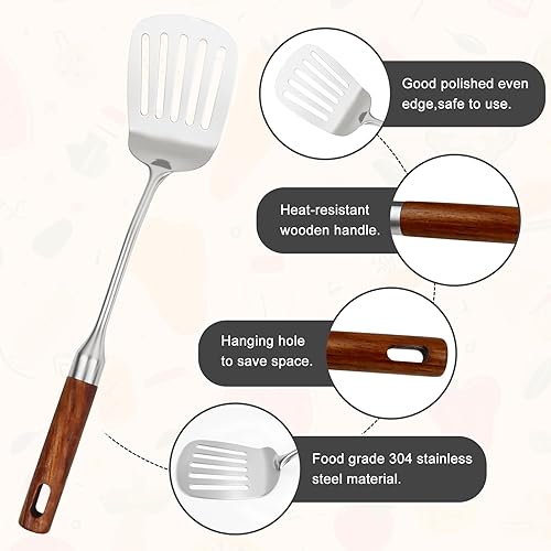 Miniatura 3 de Juego de utensilios de cocina de acero inoxidable con mango de madera, juego de utensilios de cocina de metal de 10 piezas, utensilios de cocina de