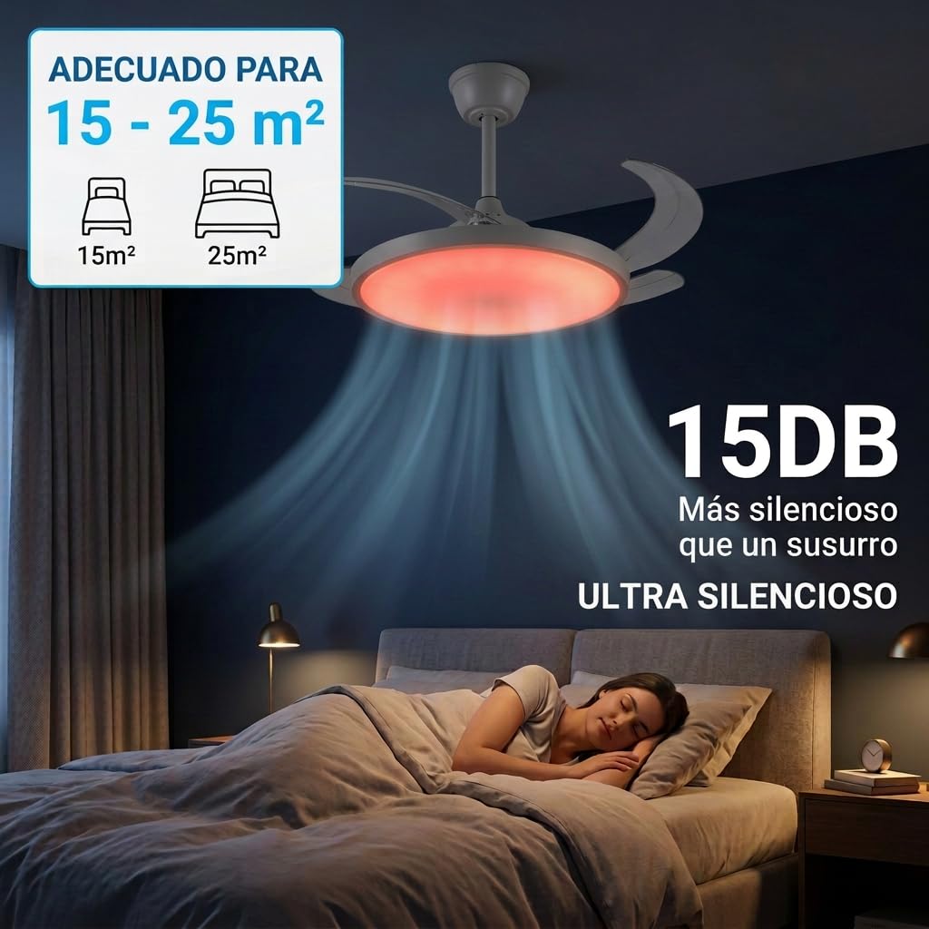 Ventilador de Techo con Luz RGB Retractil | Lampara LED con Aspas Transparantes | Motor DC Ultra Silencioso 30W, 6 Velocidades, Función Verano/Invierno, Temporizador | Para Salón y Dormitorio (92 CM)
