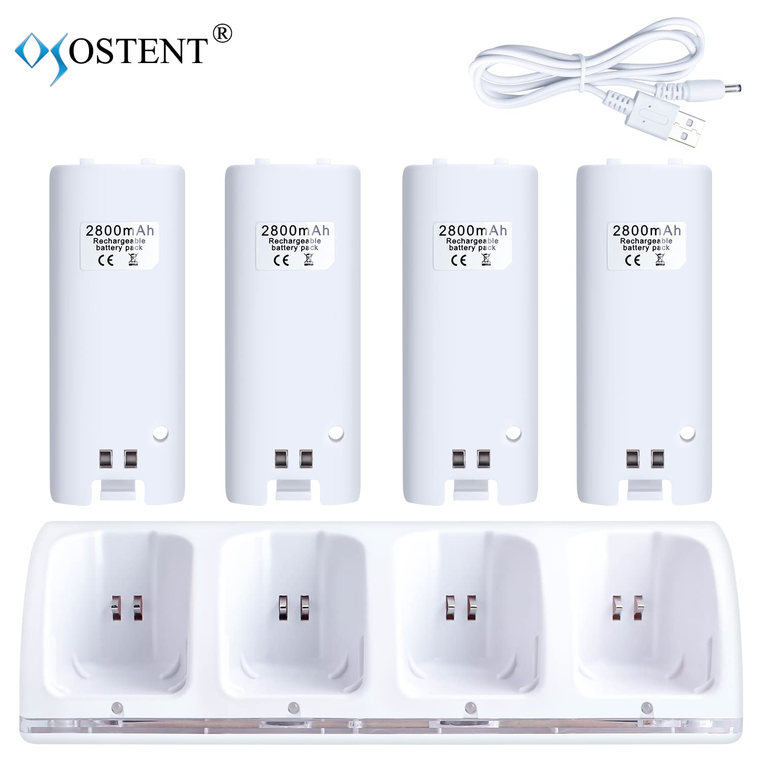 OSTENT Charger Dock Station + 4 Paquetes de baterías compatibles para el Mando a Distancia Nintendo Wii Color Blanco