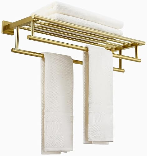 Toallero de baño de 24 pulgadas con barra de toalla doble, toallero dorado cepillado, montado en la pared, acero inoxidable SUS304, toallero de