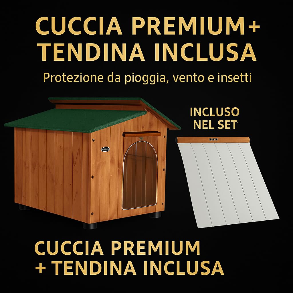 Cuccia in Legno per Cani Modello Setter – Impermeabile, Coibentata, Tetto Apribile, Pavimento Isolato – Pino di Svezia Resistente – Con Tendina Basculante Termica in Omaggio – Misure 70×90×80 cm