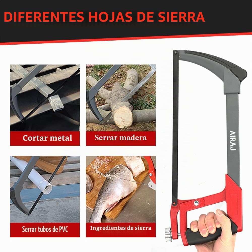 AIRAJ 300mm Sierra para Metales multiusos,Ajusta la Tensión,Con 10 hojas de sierra de acero,Sierras de Dos Ángulos de Corte (45 ° / 90 °),Sierras de mango para carpintería-sierra fina