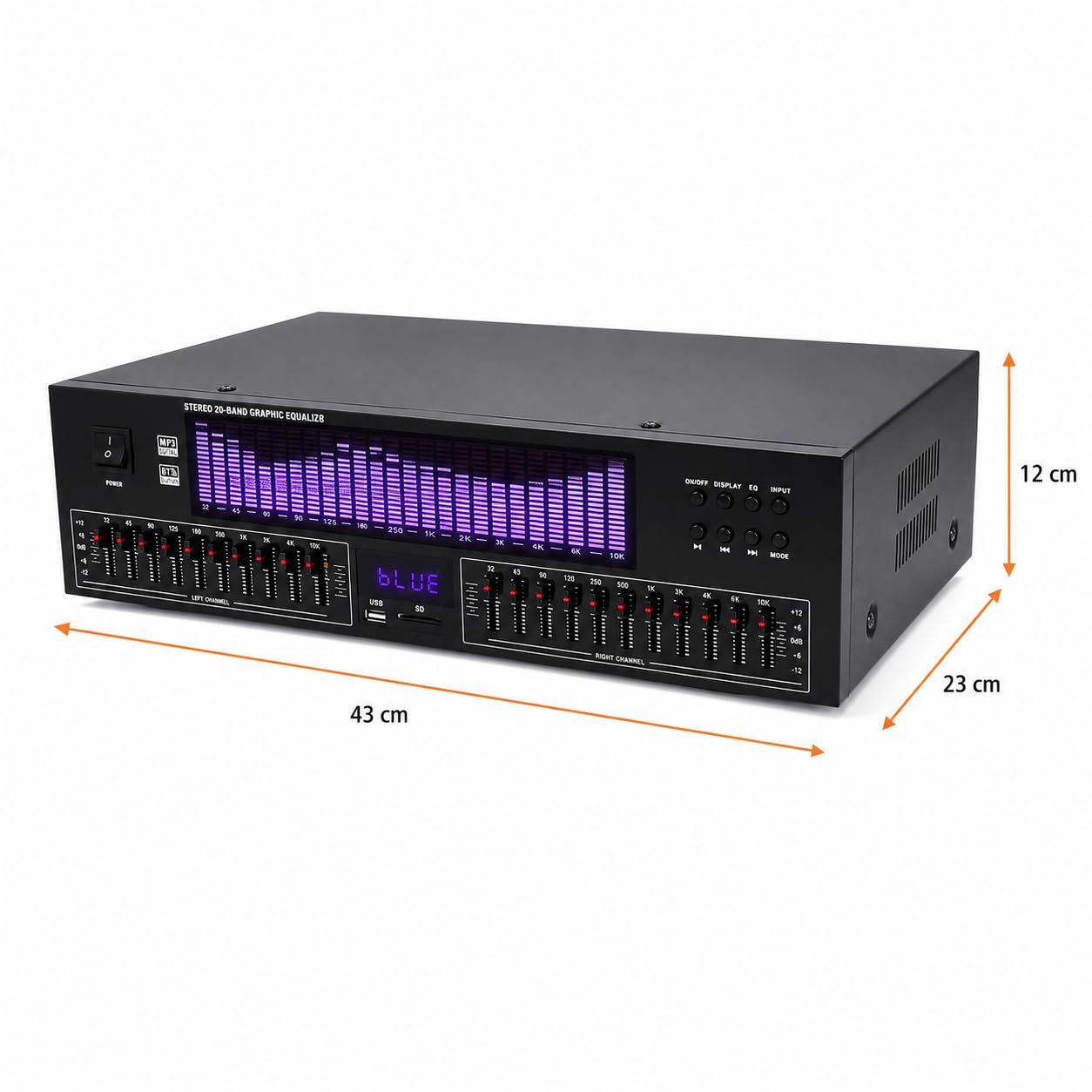 Égaliseur graphique stéréo 20 bandes avec affichage du spectre LED, réglage ± 12 dB, réduction du bruit, 15 styles dynamiques, télécommande pour système audio domestique