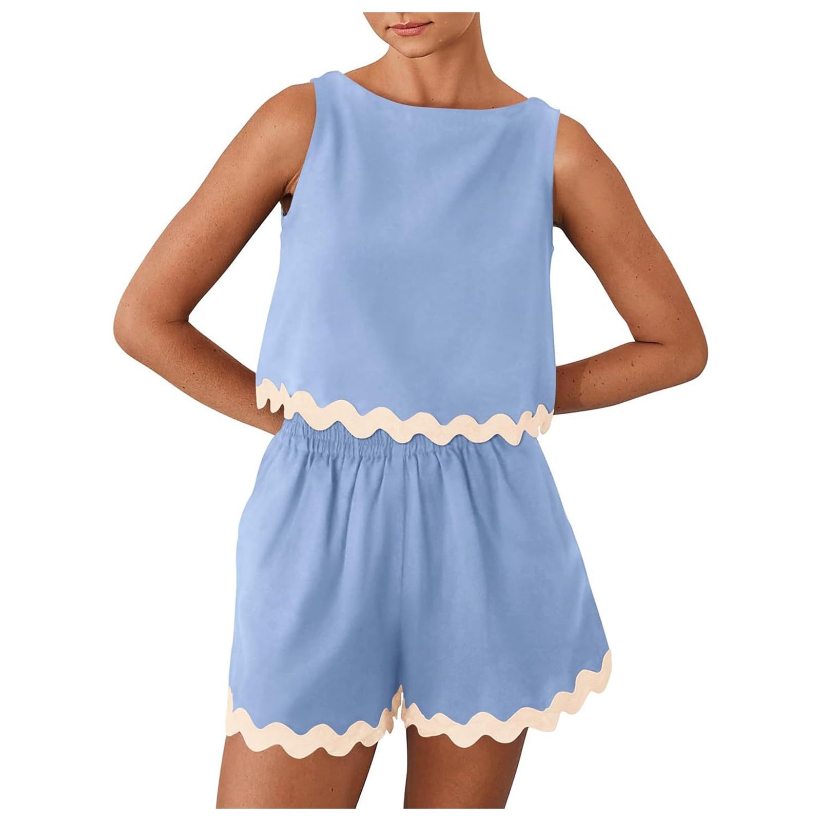 2-teiliges Strand-Urlaubs-Outfit für Damen, lässiges, kurzes Tank-Top, hohe Taille, Shorts-Set, Trainingsanzug