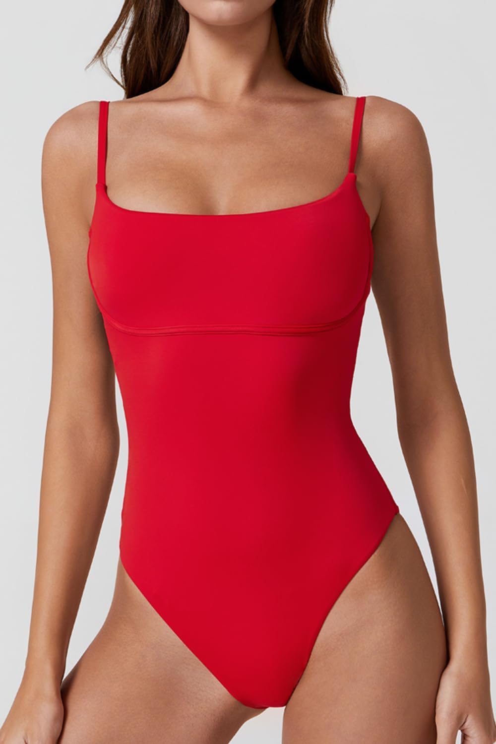 QINSEN Womens Seamed Cup Spaghetti Straps One Piece Bathing Suits Tummy Control Cheeky Swimsuit
