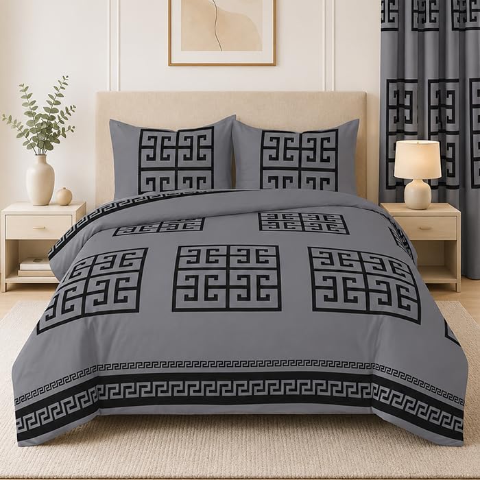 Duvet Greek King Duvet Cover Set Grey – Soft Bedding Set with 2 Pillowcases – Easy Care Quilt Cover — image 1