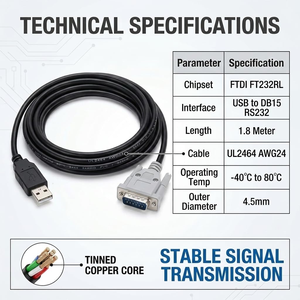 FT232RL USB to DB15 15-Pin Male Serial Cable, 1.8m for YOKOGAWA Servo Drives, RS232 Communication and PC Programming Cable
