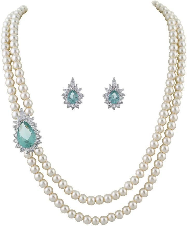 classique designer jewellery White Two layers pearl Necklace With Sky Blue Beads & CZ stones Side Brooch Earrings of Necklace Set