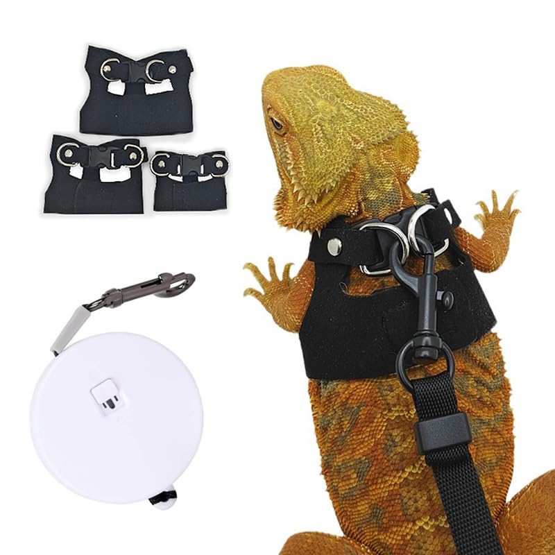 Bearded Dragon Leash - 3 Sizes Pack Reptile Outing Adjustable Soft Leather Lizard Harness with Retractable Leash Small Animal Traction Rope Walking Vest Accessories for Bearded Dragon Leash?Black?