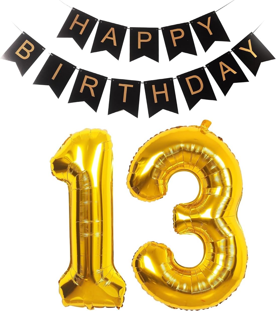 32 inch Giant Gold 13 Number Balloons & Black Happy Birthday Banner, 13th Birthday Decorations with Bunting Banner & 13 Number Foil Balloons Large for Girl Boy Birthday Party (HBD 13)