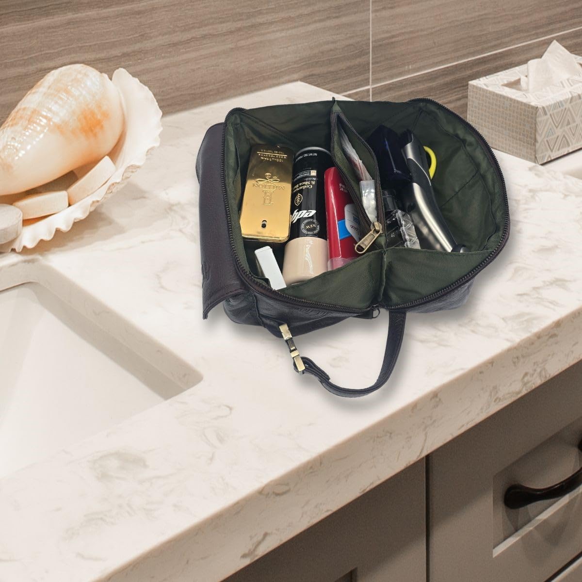 Coyote Bay® Flypouch Premium Full Grain Soft Leather Toiletry Bag, Large 9 Inch, Makeup Bag, Travel Organizer Pouch, Shaving Kit, Cosmetics Toiletry Bathroom Organizer (Brown, Large)