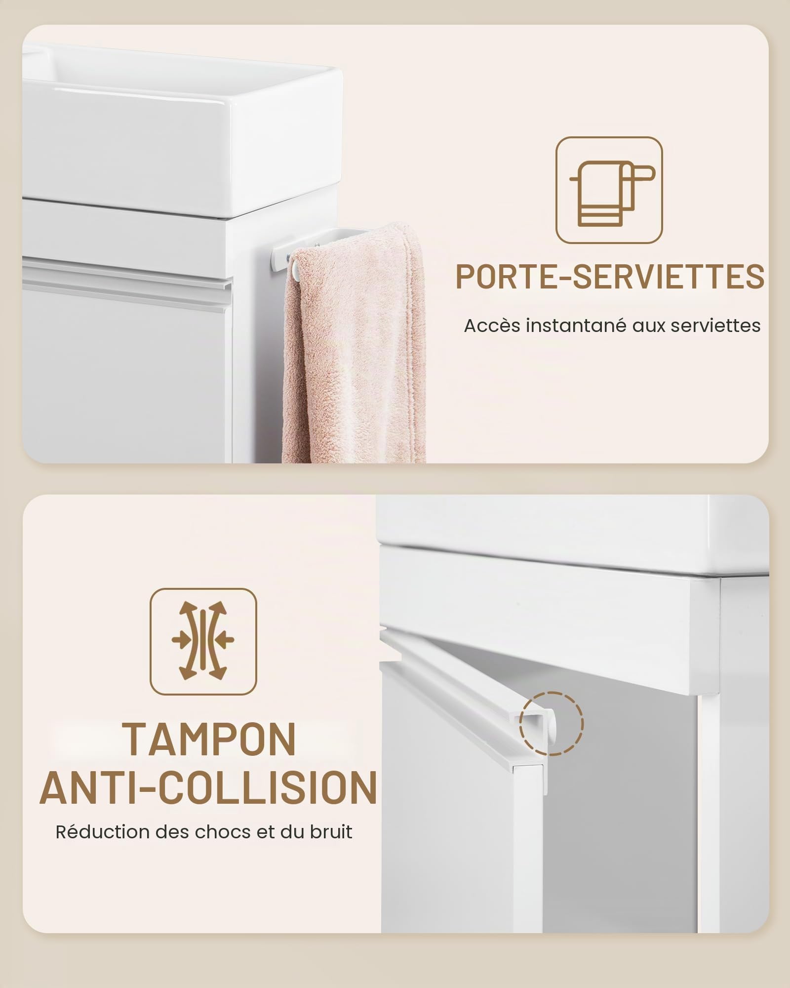 Hzuaneri Meuble Lavabo Suspendu, Lavabo en Céramique, Meuble de Salle de Bain, 1 Porte-Serviettes, 1 Grande Armoire de Rangement, Étagère Réglable, 22 x 40 x 55 cm, Blanc, BC40003X