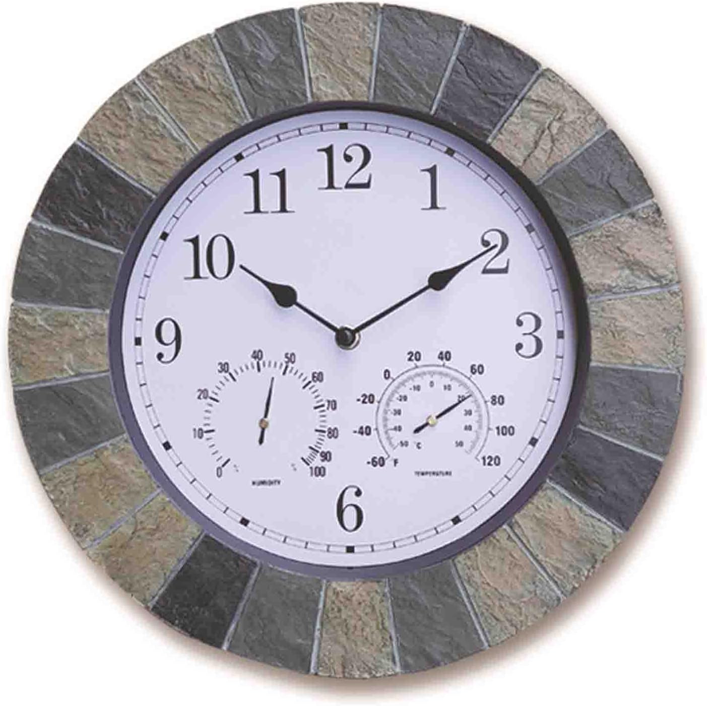 Vintage wall clock, Includes a Thermometer and Hygrometer and is Ideal for Indoor and Outdoor Use, Faux-Slate (14 Inches) (B)