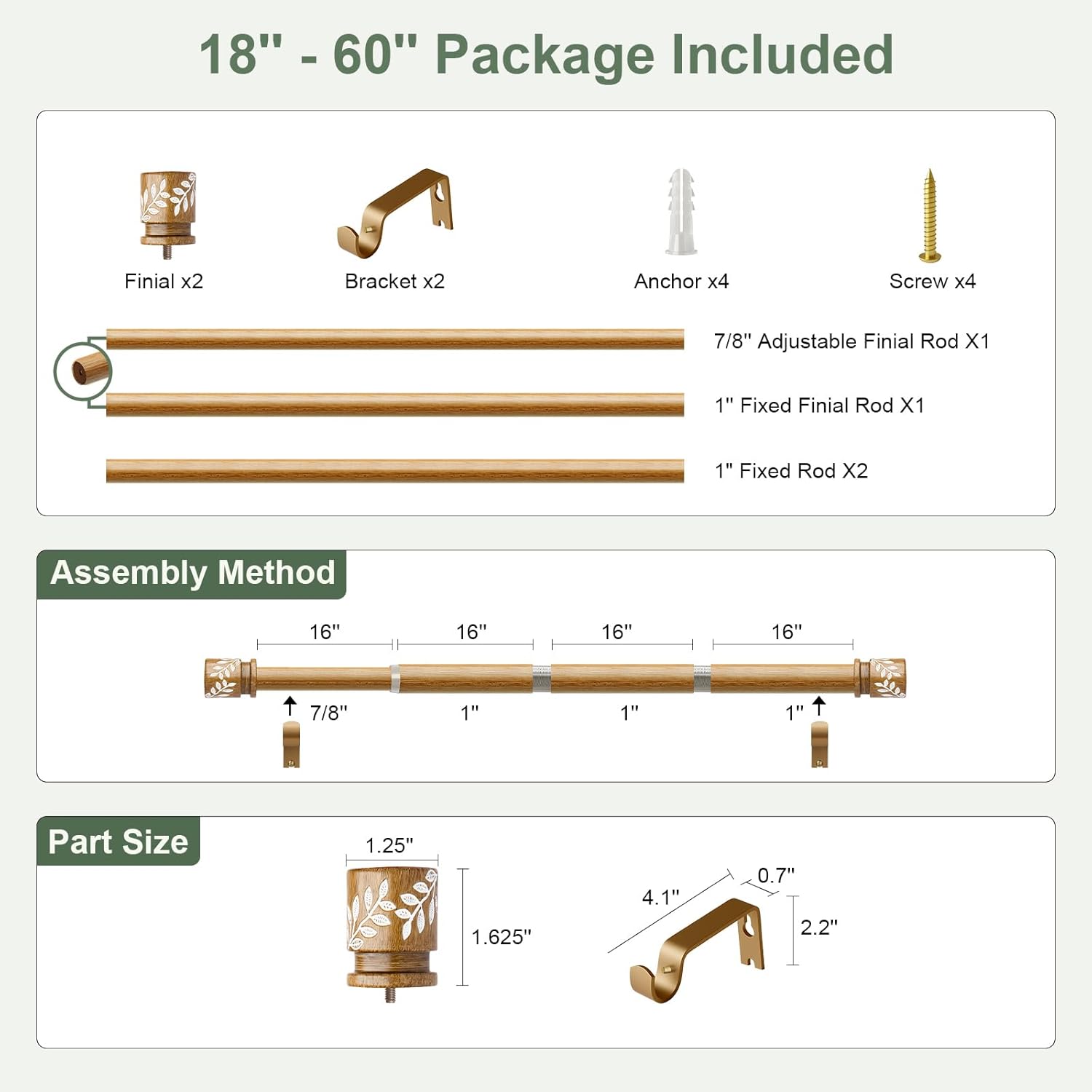 QDWIS Natural Wood Curtain Rods for Windows 28 to 48 inch Boho Decorative Handmade Wood Grain Drapery Rods with Leaf Finial 1" Adjustable Heavy Duty Curtain rod for Living Room Bedroom Kitchen