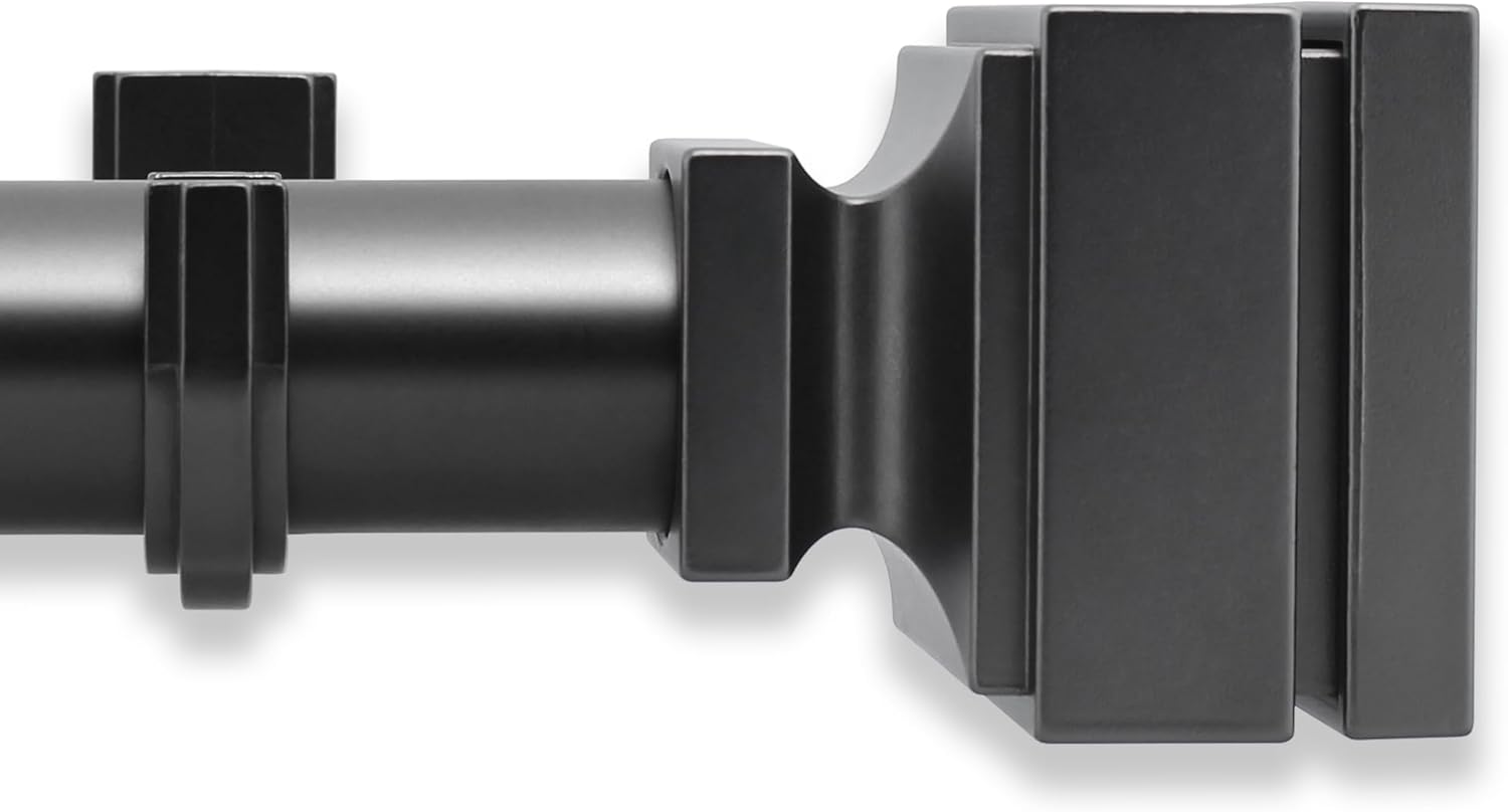 BlastHome 19 foot Custom Curtain Rod & Step Square Finials Bundle – Luxury Nonadjustable 1 ¼” Large Diameter with Designer Finials & Premium Quality Mounting Brackets – Matte Graphite Finish