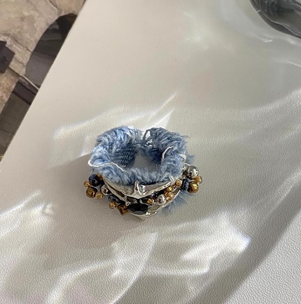 Punk Star Denim Statement Ring for Women - Beaded Black Crystal Love Heart Layered Expandable Open Rings Boho Holiday Cowgirl Cowboy Jeans Fabric Jewelry Promise Engagement Wrap Finger Band