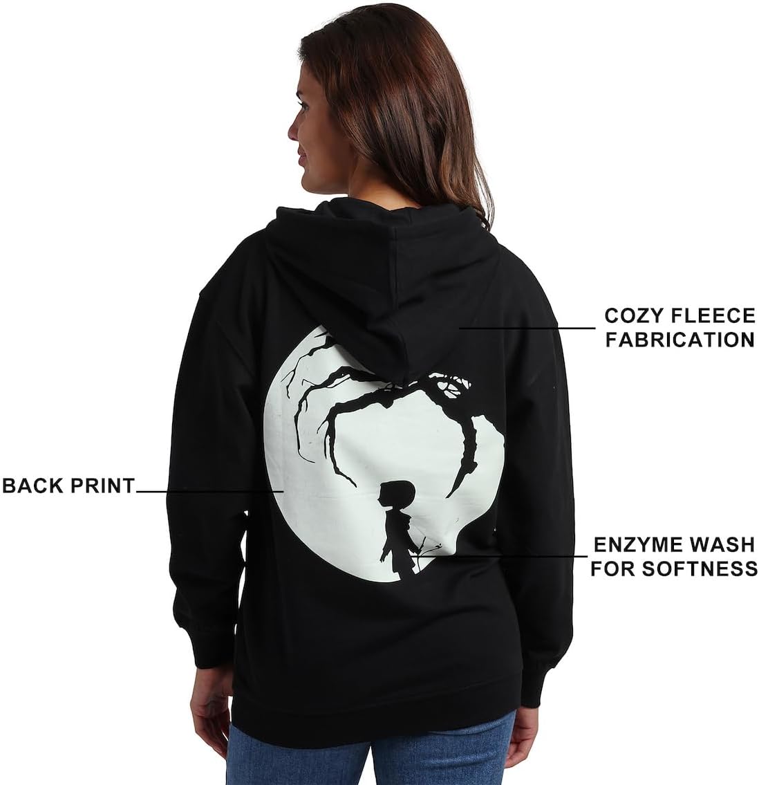 Bioworld Coraline Full Moon Character Art Women's Black Long Sleeve Hooded Sweatshirt