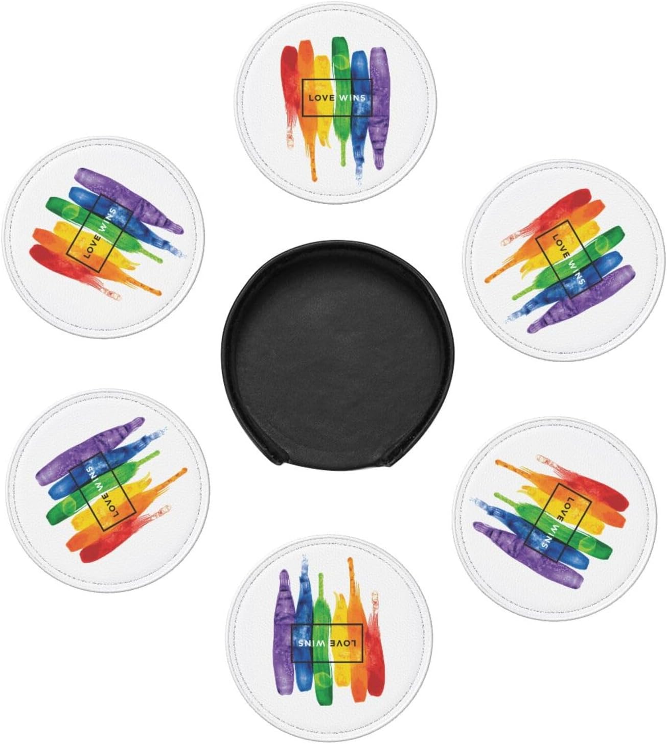 6 Pcs LGBT Gay Pride Coasters with Holder Rainbow Round Coasters Drink for Kitchen Dining Home Table Decor