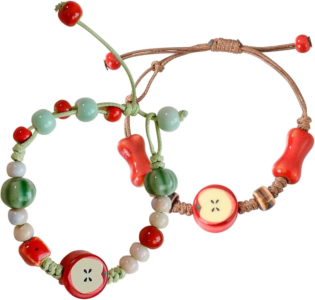 2 Pcs Apples Ceramic Bracelet for Women & Men - Adjustable Rope String Bracelet,Handmade Woven Cord Bracelet