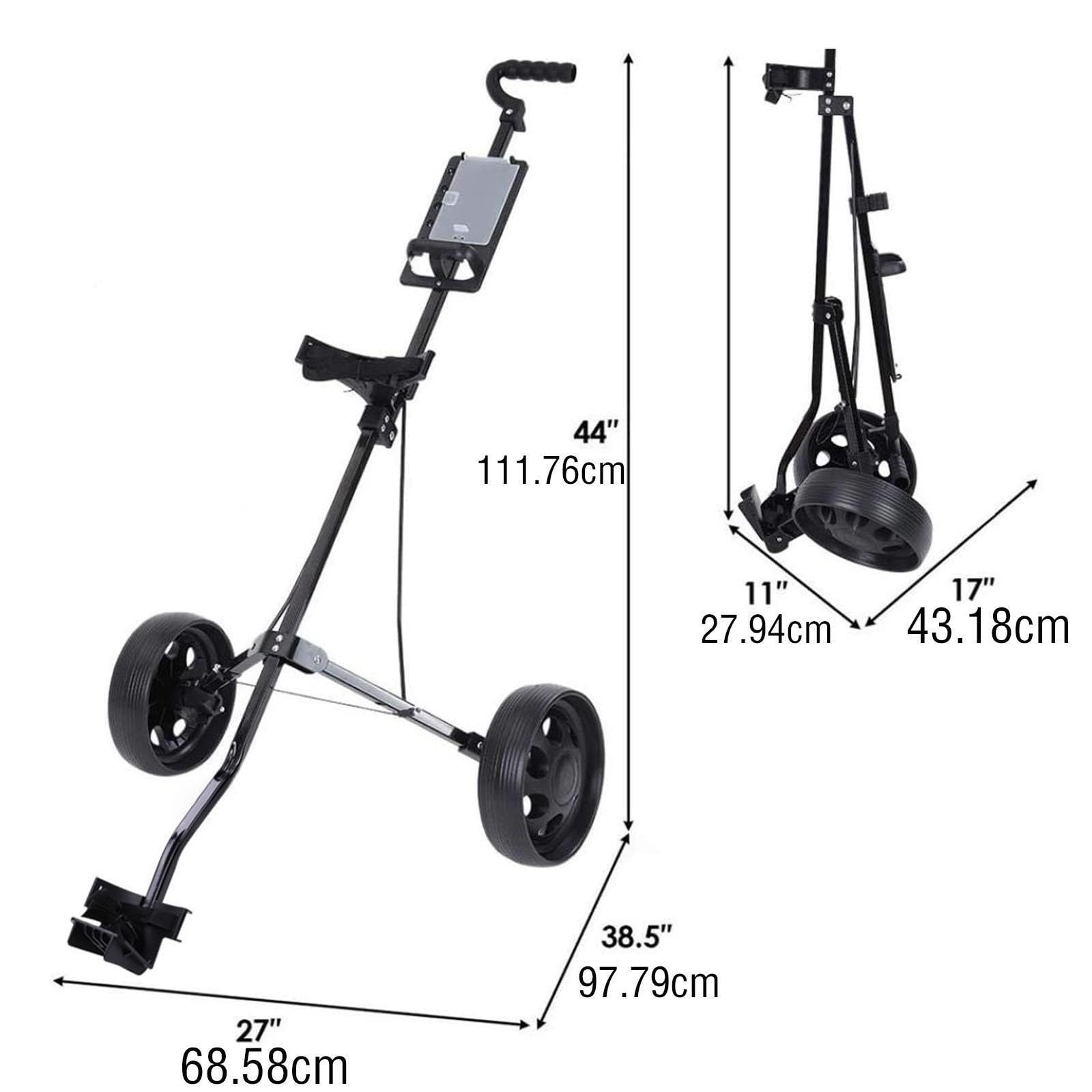 Golftrolley mit großem Fassungsvermögen, ideal für den Transport von Golftaschen auf dem Golfplatz. Der zweirädrige Schiebe und Ziehwagen ist aus