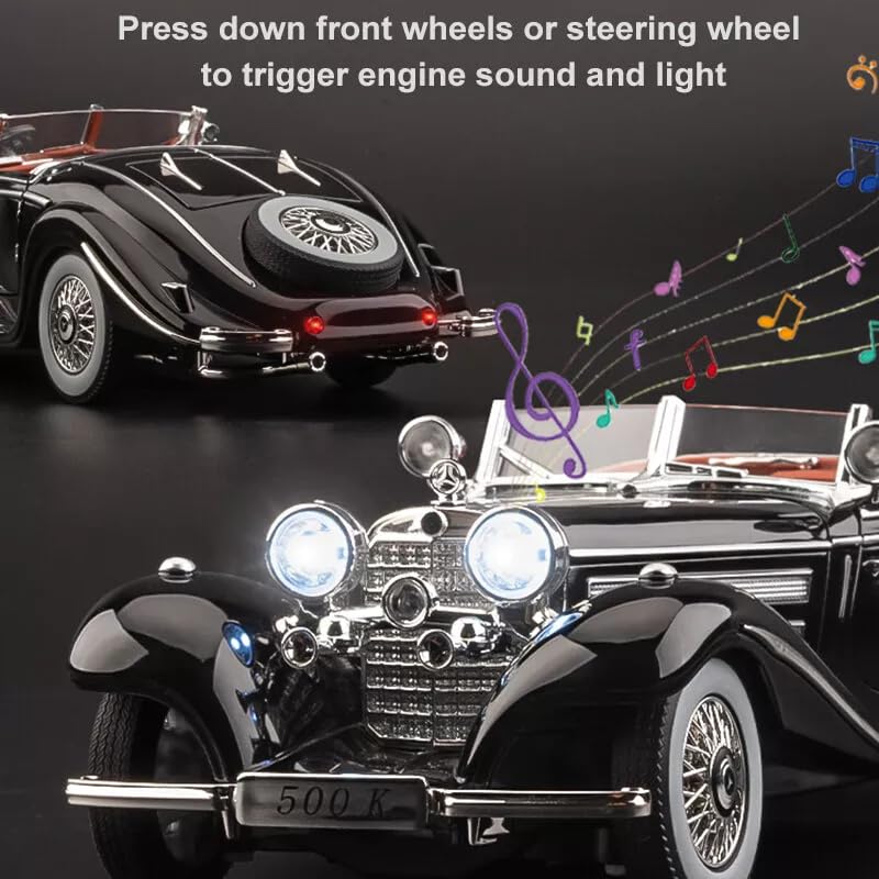 Image of 1:24 Benz 500K Toy Car Model, Diecast Collectible Pull Back Model Car with Sound and Light, Retro Classic Car Toy Gift Vehicles for Adults, Kids, Boys, and Girls (Black)