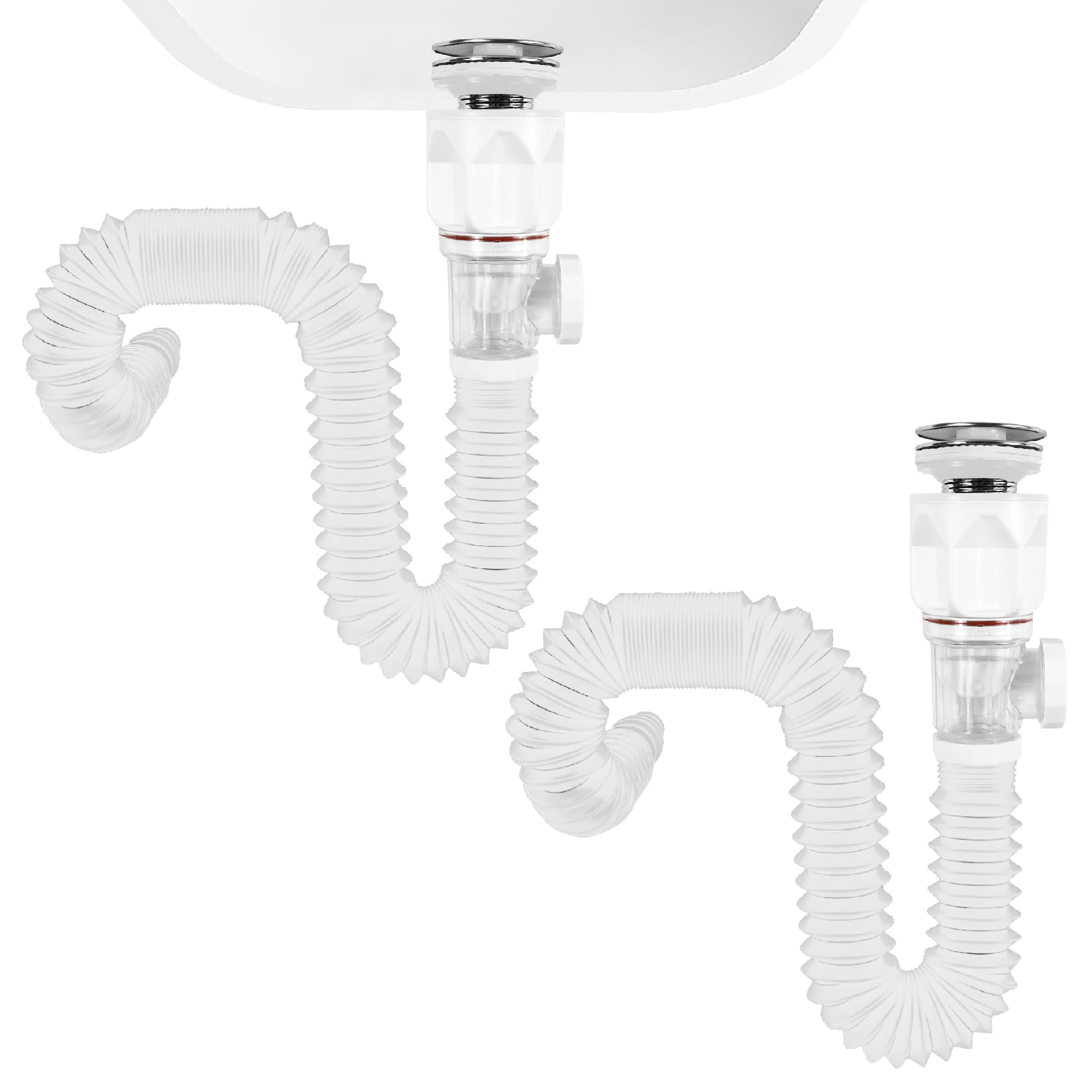 Juego de 2 desagües para fregadero de baño, con tubo de drenaje flexible y expandible para fregadero, se adapta a agujeros de drenaje de 1-1/4 pulgadas, 1-1/2 pulgadas y 2 pulgadas, tapón