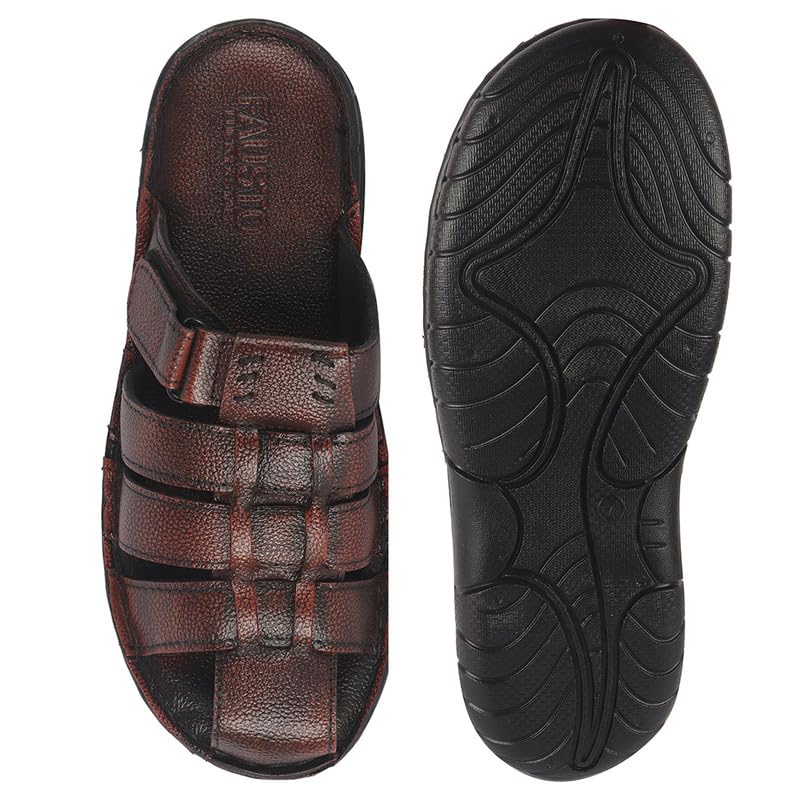 Image of FAUSTO Men Genuine Leather Multi Strap Closed Toe Broad Feet Slip On Slippers with Adjustable Strap | Roman Sandals