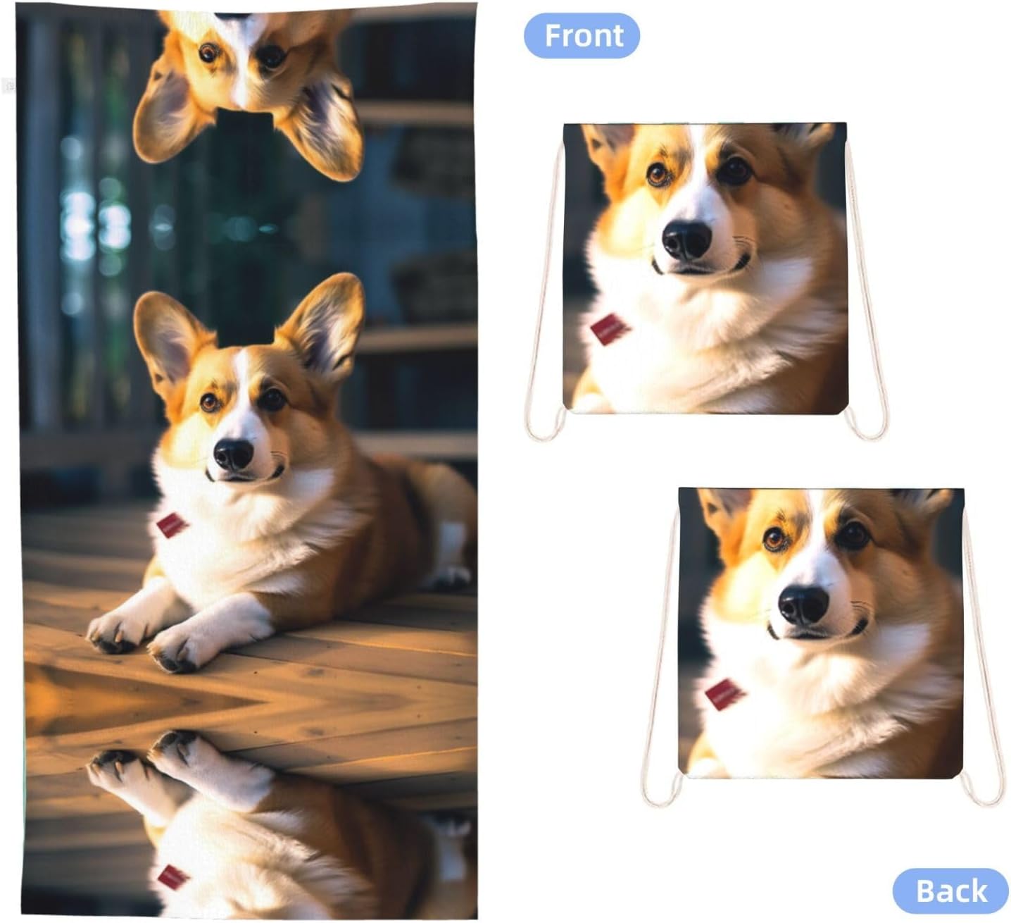 2 in 1 Packable Towel Bag,Soft Absorbent Pool Towels Backpack Quick Dry Lightweight Beach Towels Smart Corgi Drawstring Bag for Travel Camping Sports Picnic image 2