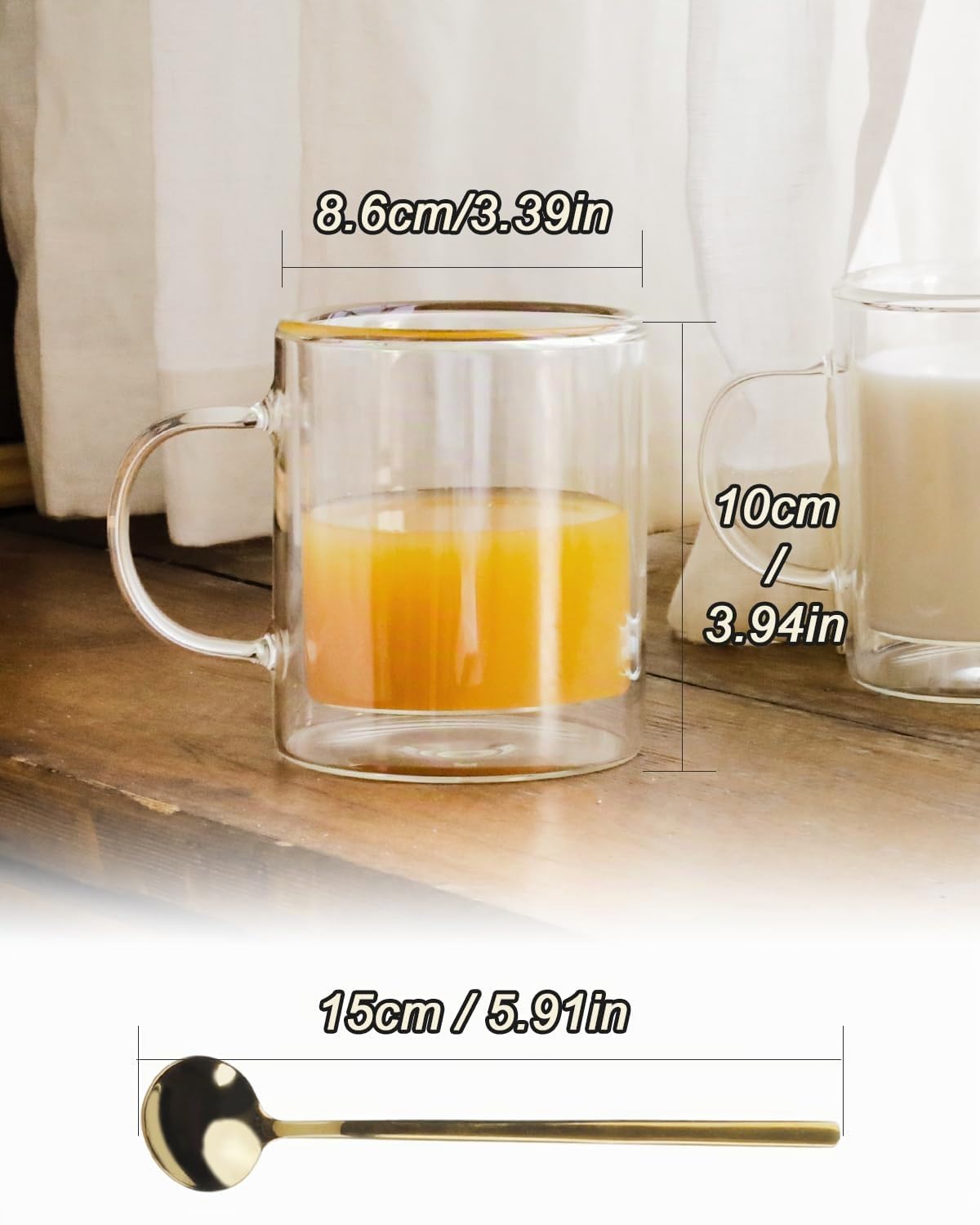 LIBWYS 4er Set Doppelwandige Latte Macchiato Gläser mit Griff (4x350ml), Hitzebeständige Glasbecher mit Edelstahl Löffel für Kaffee, Tee, Heißgetränke, Saft, Bier