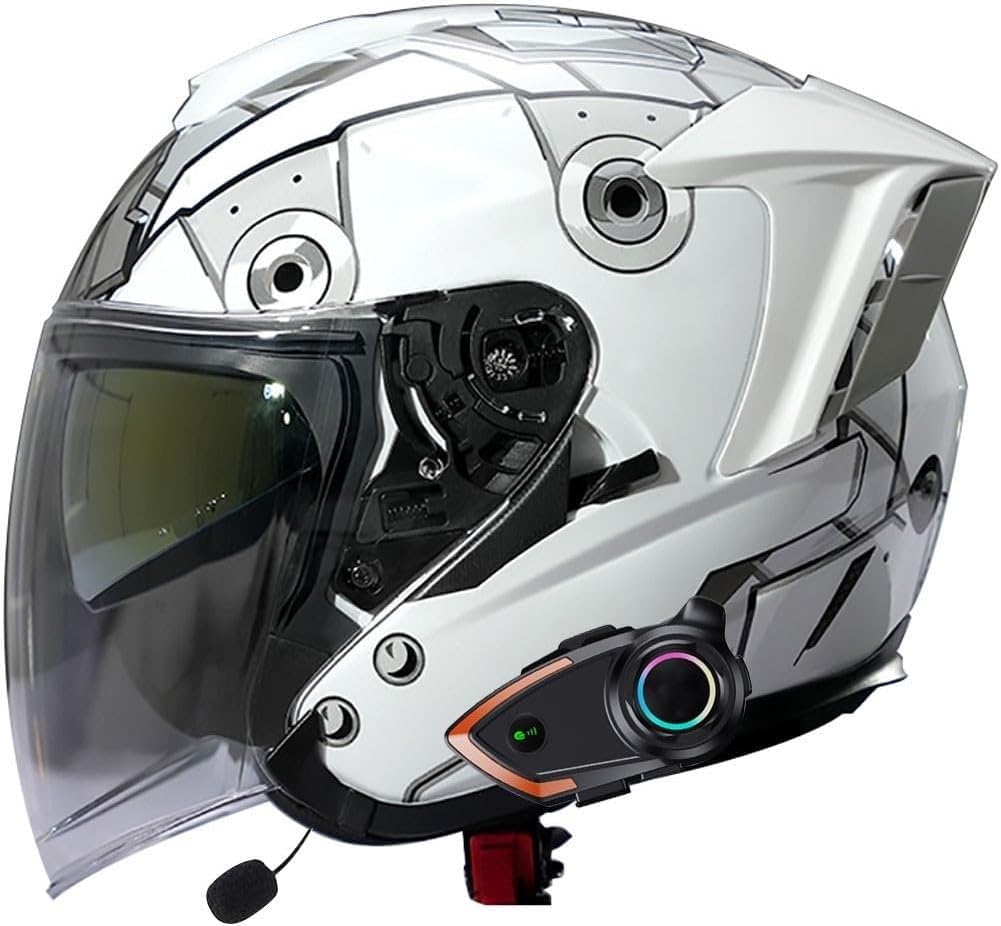 Casco Jet da Moto con Bluetooth Integrato e omologazione ECE/DOT, Casco Jet da Scooter Personalizzato per Donne, Uomini e Adulti con Doppia Visiera F,L=56-57cm