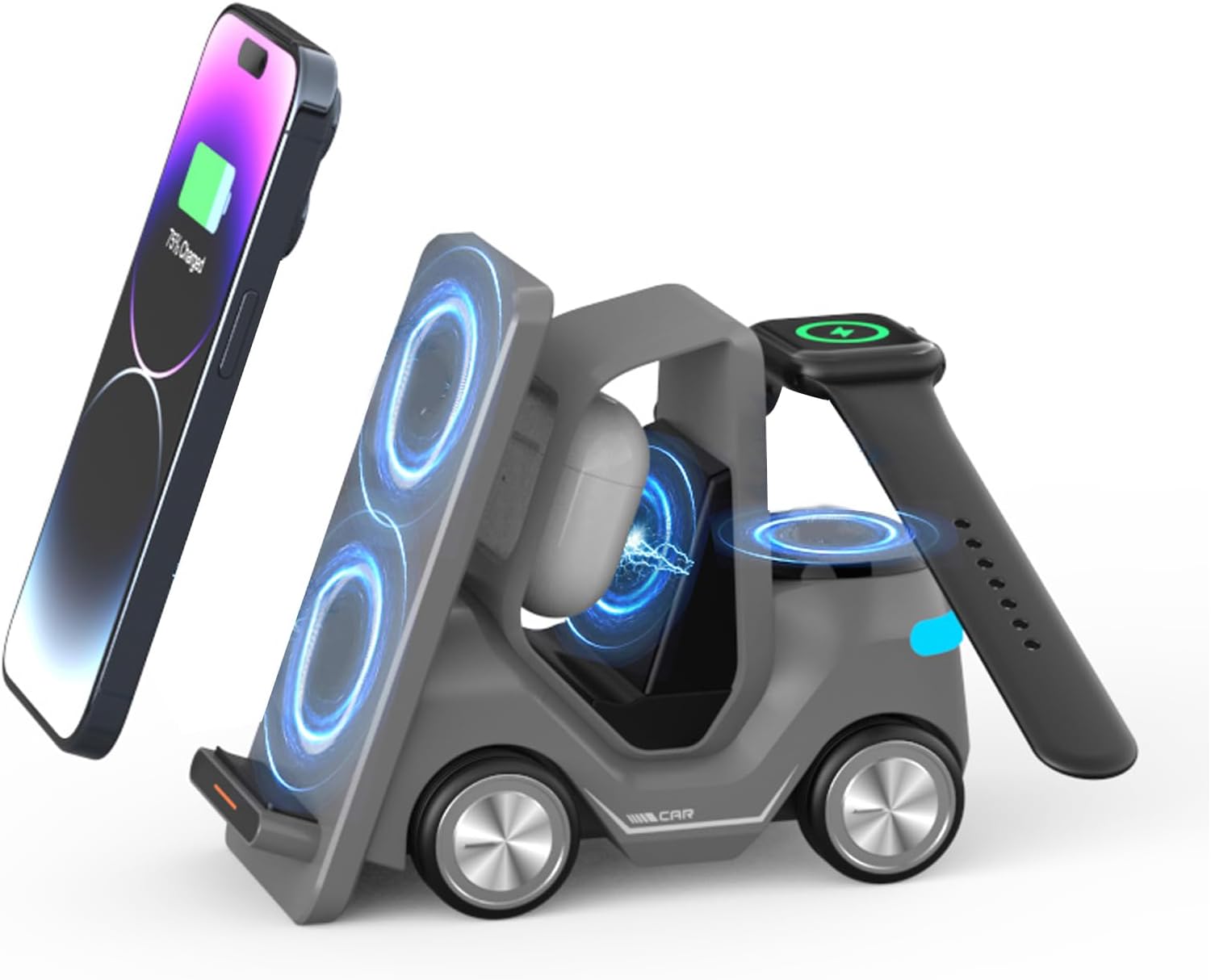 Diecallan T20S Wireless Charging Station with an iPhone, AirPods, and Apple Watch charging simultaneously.