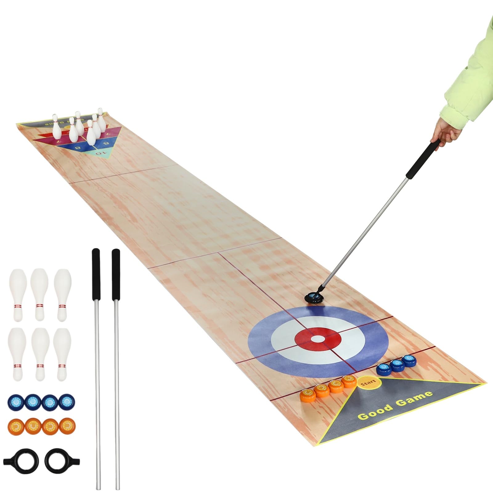 3 in 1 Curling Spiel, Tisch Spiele mit 8 Shuffleboards + 6 Bowlingflaschen + Curling Kombi + 2 Putter Faltbarer Bahnmatte Eisstockschießen Tisch Curling für Kinder & Erwachsene