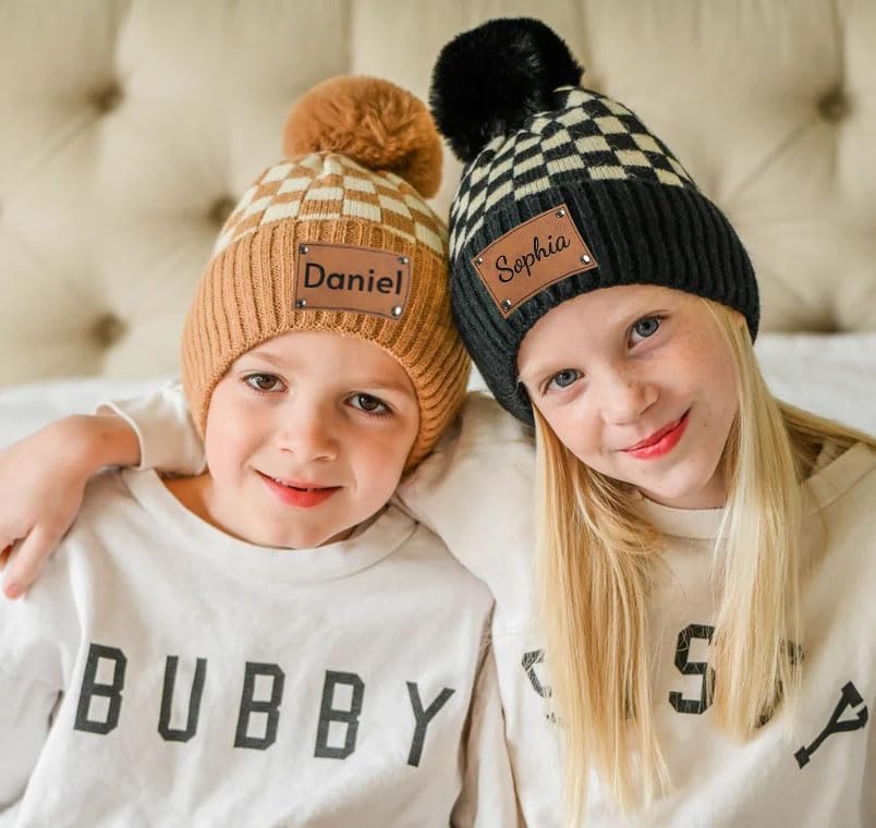 Personalized Name Baby Beanie Hat,Custom Checkered Newborn Baby Toddler Winter Snow Cap4