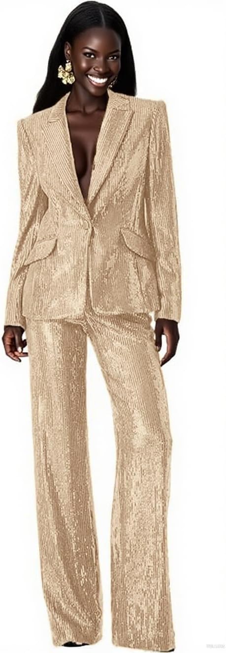 Sequins Womens Suits Blazer 2 Piece Outfits Wedding Business Pants Sets Party Fall Clothes