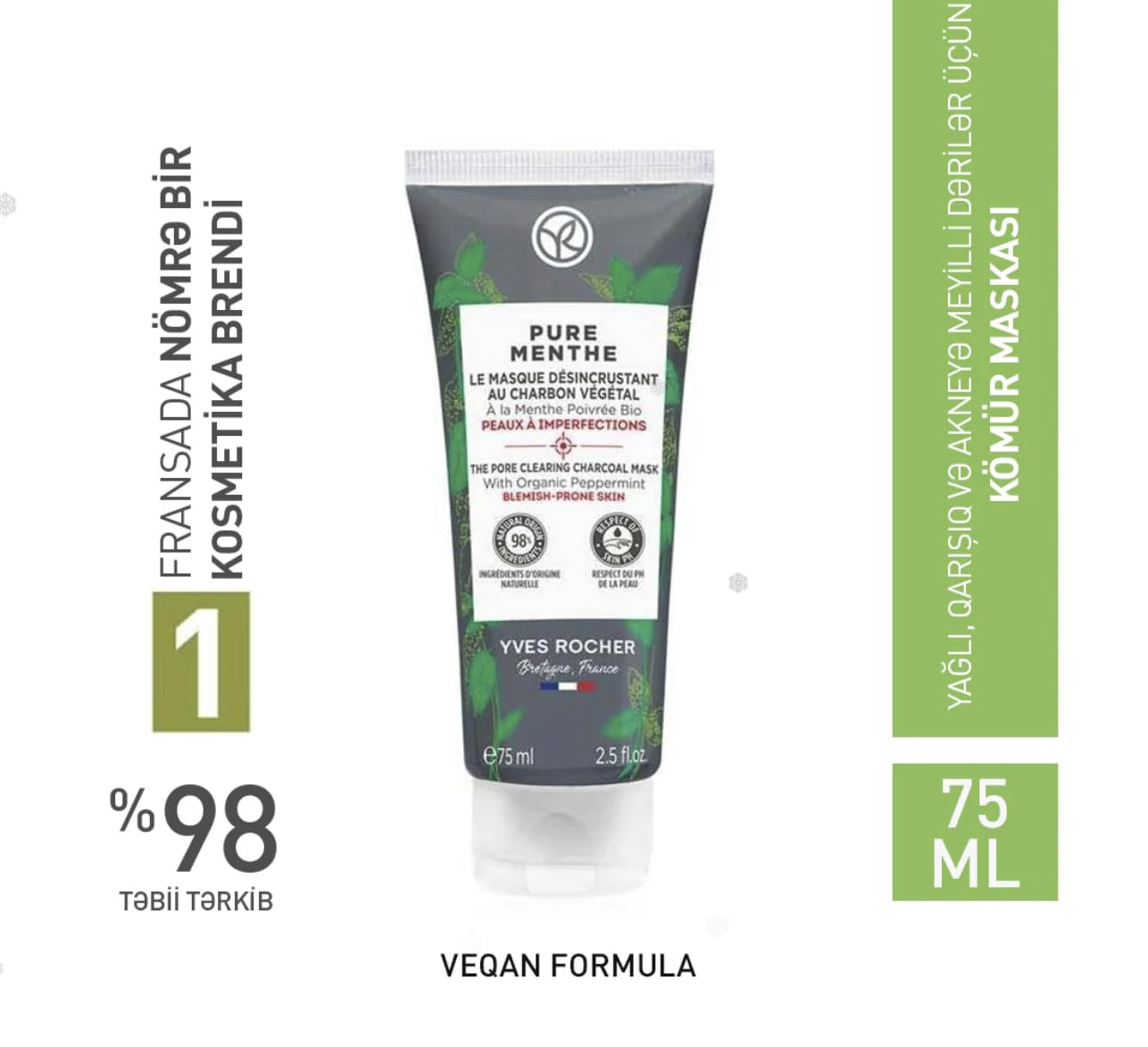 Yves Rocher Pure Menthe Purifying Charcoal & Peppermint Mask – Deep Cleansing, Oil Control & Blackhead Removal Absorbs Excess Sebum for Matte, Clear Skin – 75ml / 2.5 fl.oz. - Image 4