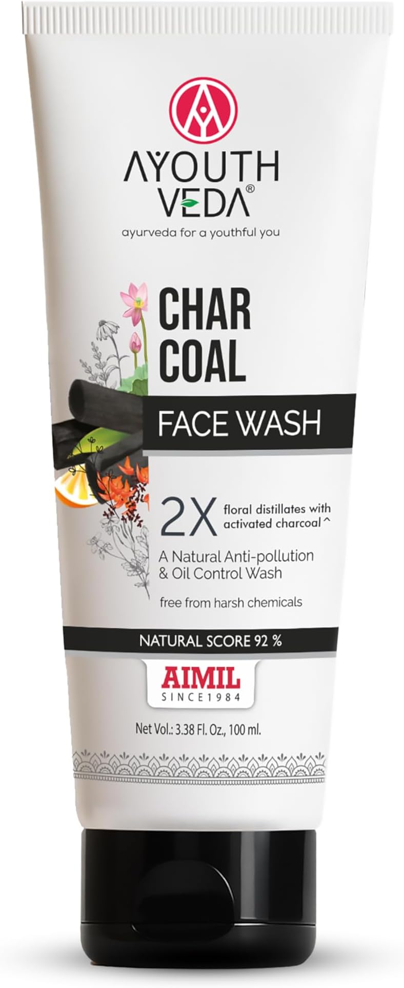Ayouthveda Activated Charcoal Face Wash with Bamboo Charcoal & Floral Distillates | Eliminates Dirt & Impurities | Anti-Pollution Oil-Controlling Cleanser | Ayurvedic Deep Detoxifying & Brightening Formula | Non-Drying & Dermatologically Safe | Preserves Skin Moisture Balance | Suitable for Men & Women, All Skin Types | 100 ml (Pack of 1)