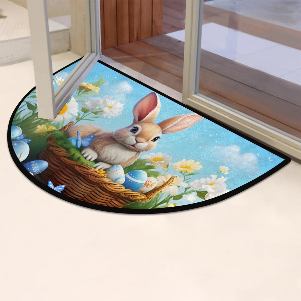 cfpolar Half Round Door Mat Rabbit Eggs Easter Non-Slip Semi Circle Area Rug Washable Semi Circle Floor Rug for Indoor Outdoor Living Room Bathroom Kitchen Patio Hearth Rugs Home Decoration