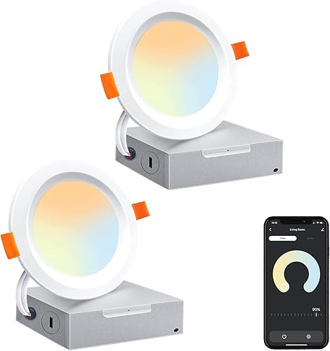 NUNET Iluminación LED de techo empotrable de 4 pulgadas, Smart WiFi, luz empotrable ultrafina, paquete de 2 unidades de cambio de temperatura de