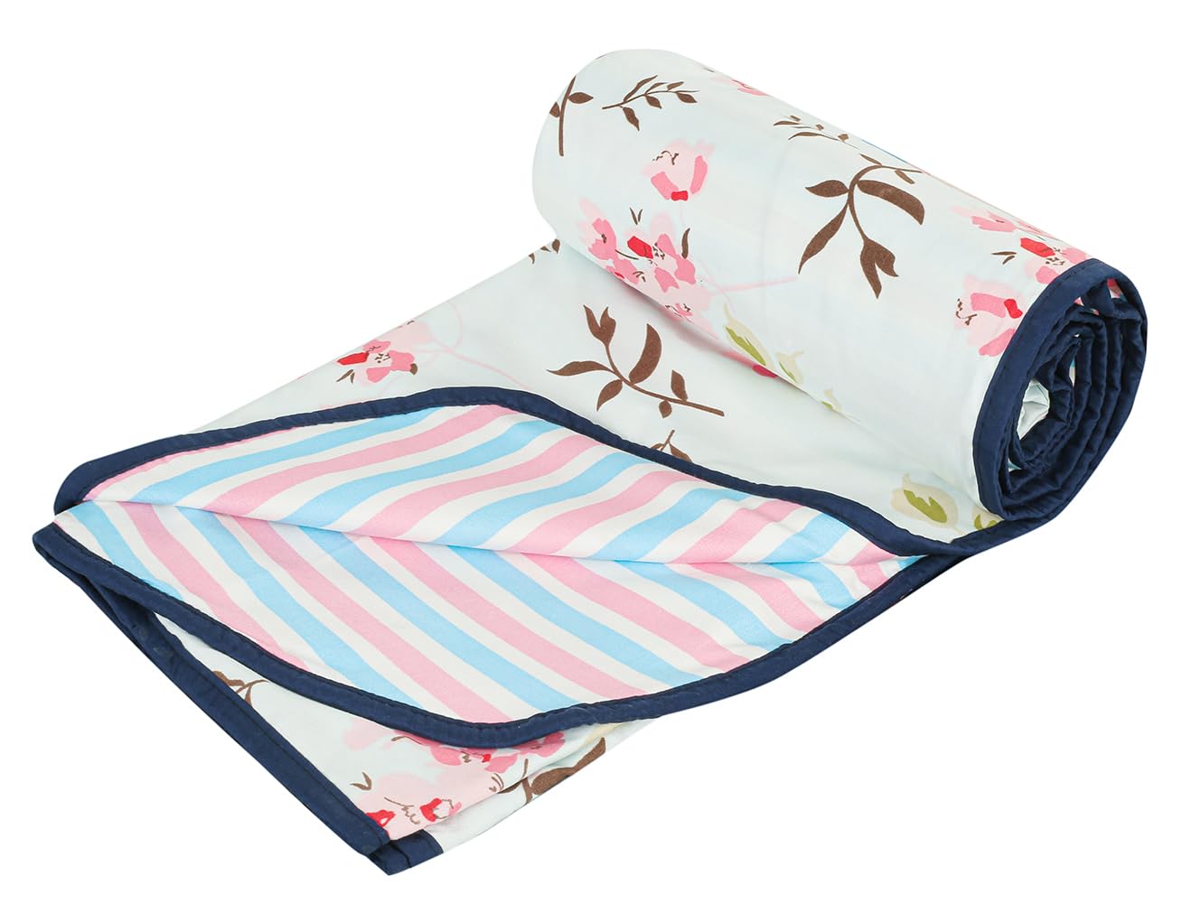 BSB HOME Pure Cotton 120 GSM Reversible Soft Light Weight Printed Single Bed Blanket/AC Dohar/Summer/Skin Friendly Dohar-220 x 152 cm- Sky Blue and Pink Flower