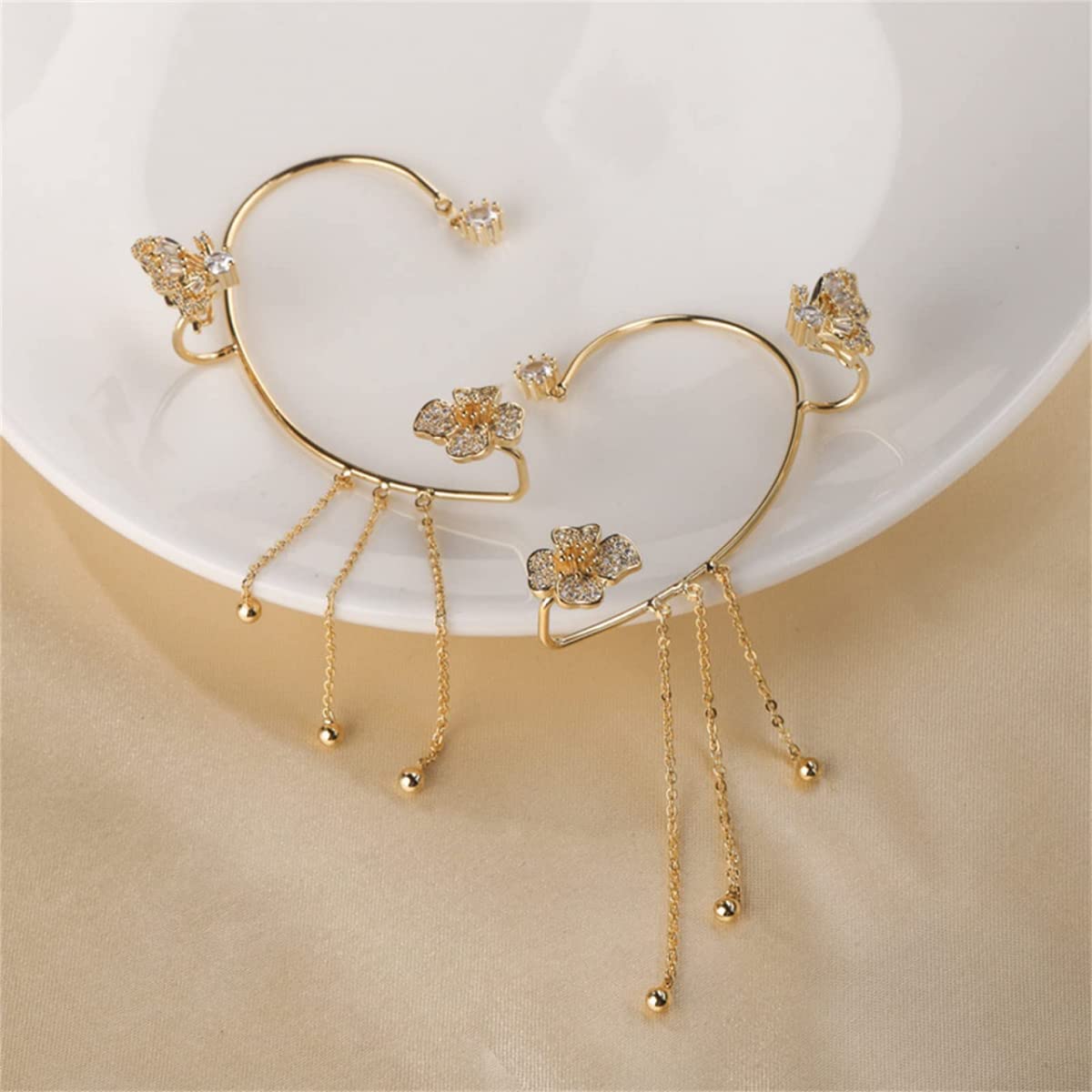 Butterfly Tassel Style Zircon Earrings, No Pierced Wraparound Butterfly Flowers Tassels Earrings,Womens Girls Jewelry Gift