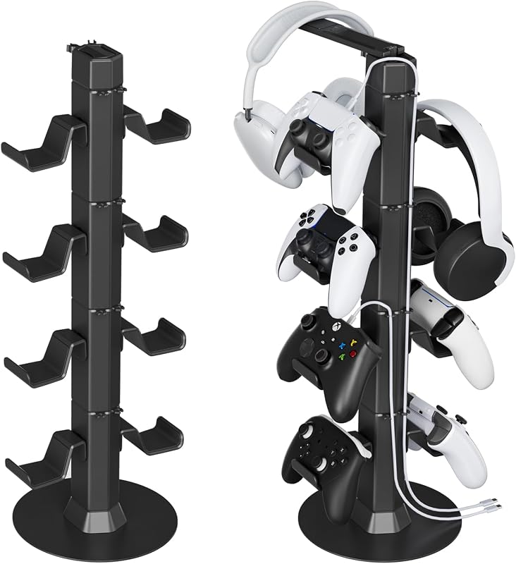 Controller & Headset Holder Stand for Desk, with Charger Cable Organizer Headphone Stand for PS5/ Xbox/ PS4/ Switch, Metal Base Controller Hanger Hook for Storage Earphones, Game Console, Mobile Phone
