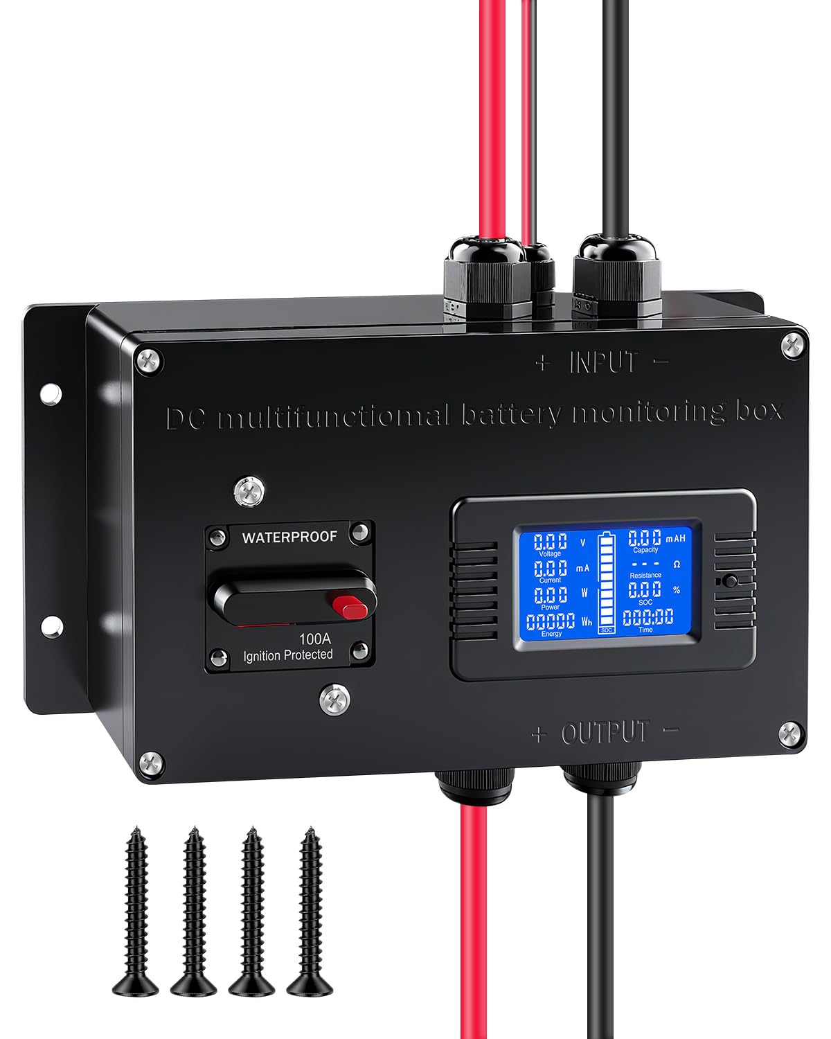 Multifunction Battery Monitor Meter, Battery Tester with 100A Circuit Breaker and Shunt, 0-200V 0-300A LCD Show Digital Multimeter Voltmeter Ammeter for 12V/24V/48V Automotive RV Photo voltaic Vitality