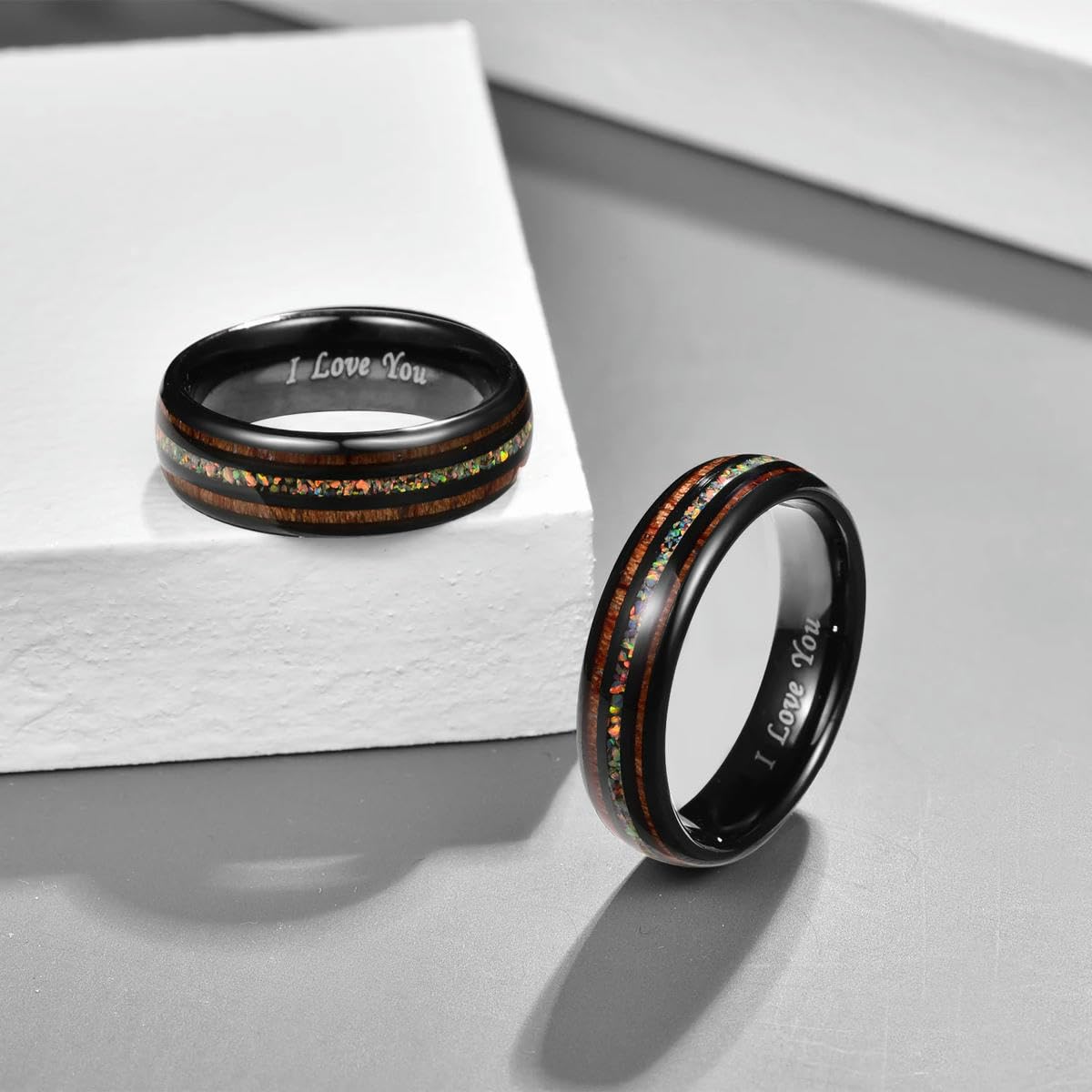 Anillo de carburo de tungsteno de 6 mm Ópalo Hawái Madera de koa Komaru Ancho Color Arco Iris Hombre Mujer Anillo I Love You
