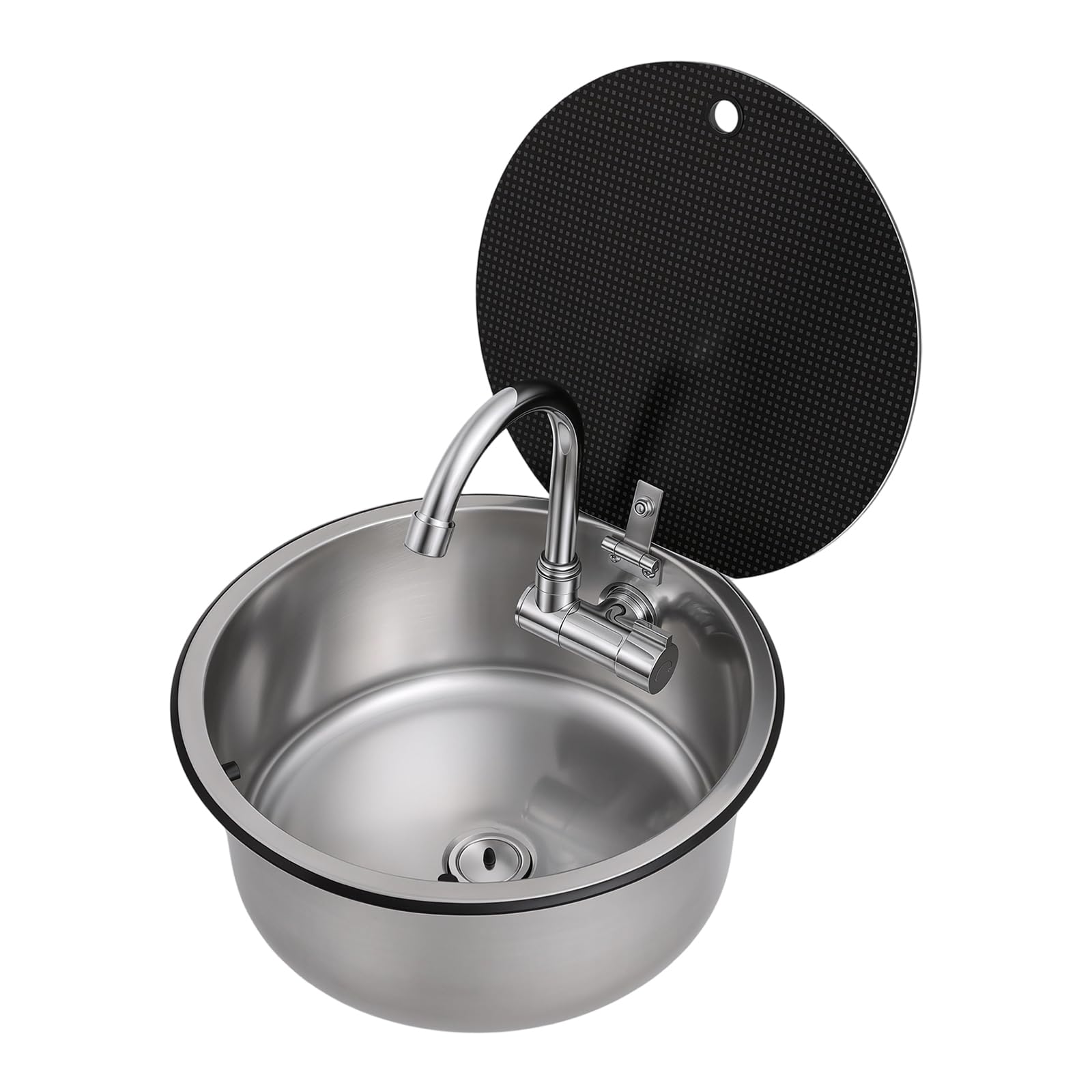 Camping Waschbecken Wohnwagen Spüle mit faltbarem Wasserhahn | mit Glasabdeckung, 34x15CM, Rundes, Edelstahl, Wohnmobilausstattung, für Camper Wohnwagen Wohnmobile Yachten