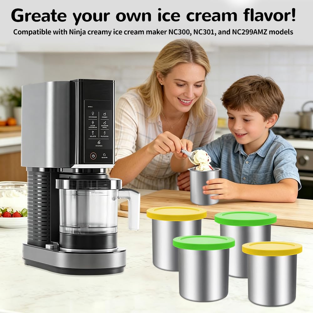 Behälter für Ninj-a Creami NC300EU Serie, 4 Stück Eismaschine Zubehör, 480ML Eisbehälter mit Deckeln und Löffel, Kompatibel mit NC299EU NC301EU NC305EU, Spülmaschinenfest