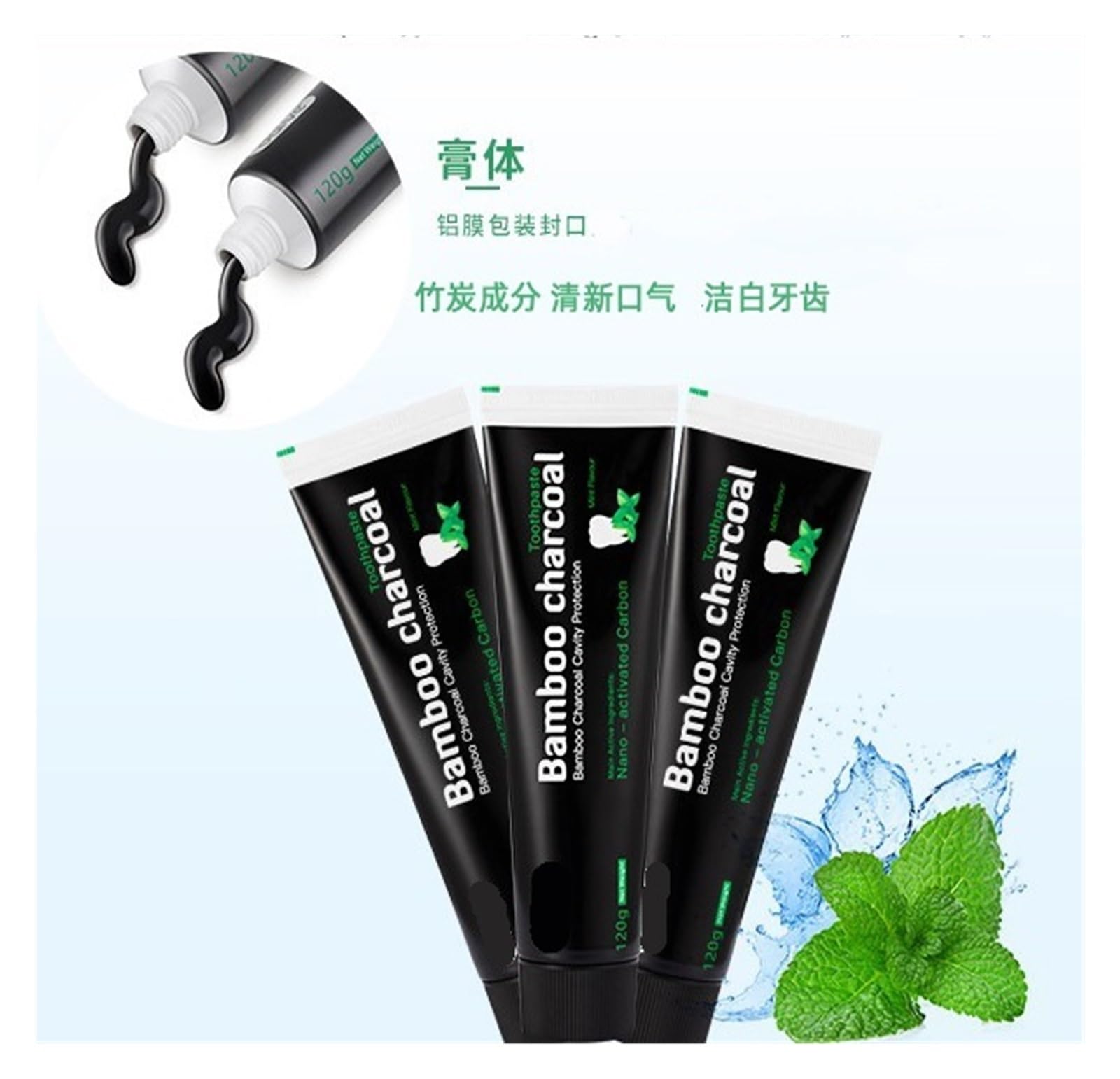 Pasta de dientes de carbón de bambú y menta 120 g | Pasta de color oscuro, una gran ayuda for la limpieza diaria de los dientes y refresca el aliento(3pcs)