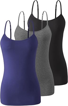 Air Curvey 3 Pack Camisole Tops for Women Built in Bra Adjustable Spaghetti Strap Cotton Undershirt Tanks Layering Tops