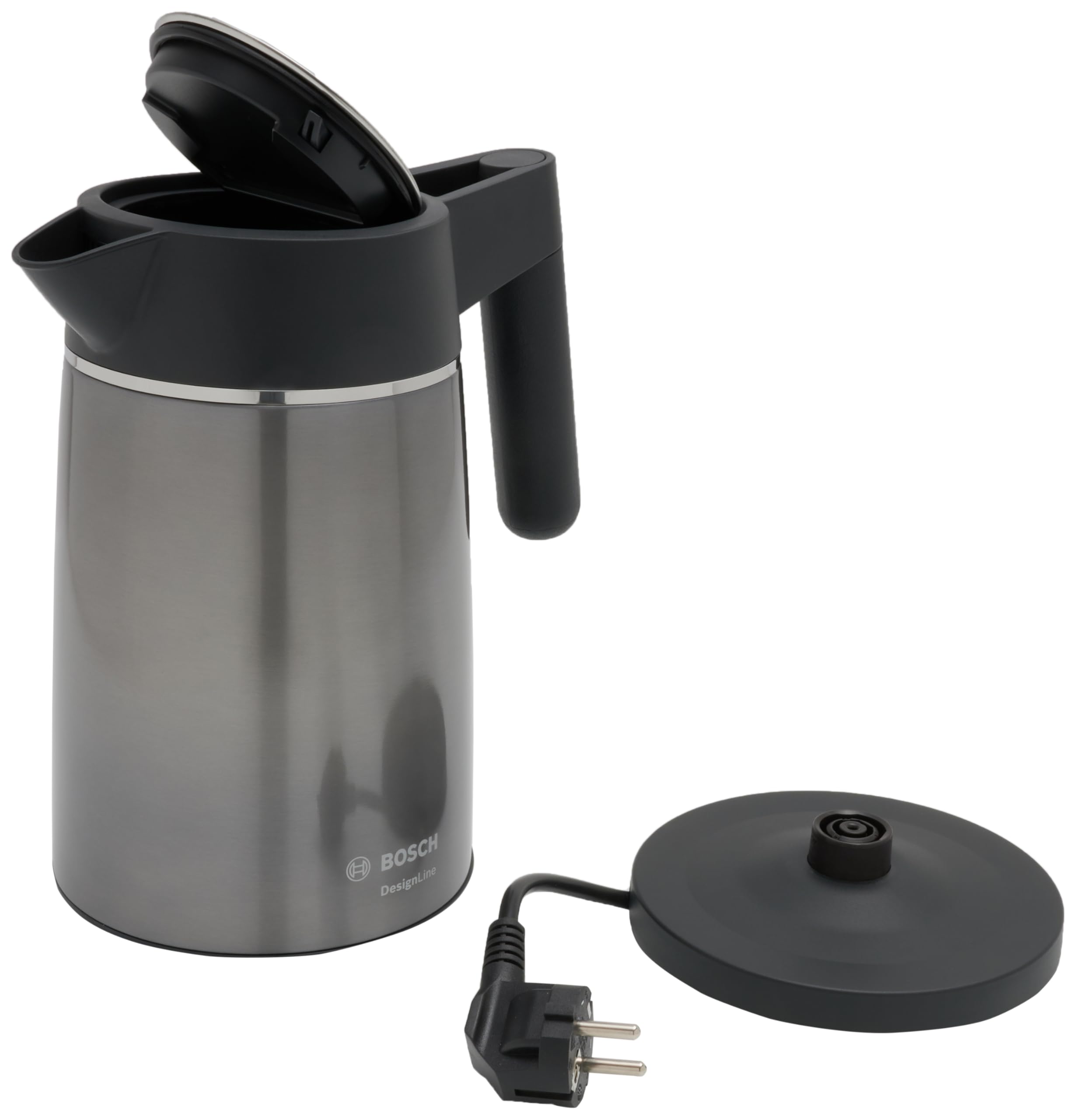 Bosch kabelloser Wasserkocher DesignLine TWK5P475, Ausgießen ohne Spritzer, Tassenanzeige, extra große Wasserstandsanzeige, Überhitzungsschutz, 1,7 L, 2400 W, grau