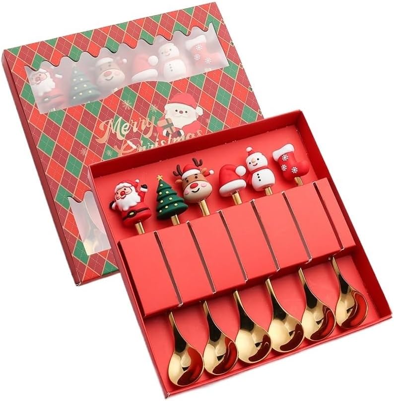 Silverware Flatware Set, Christmas Gift Set Cute Cartoon Fruit Dessert Spoon(Red,4Set)