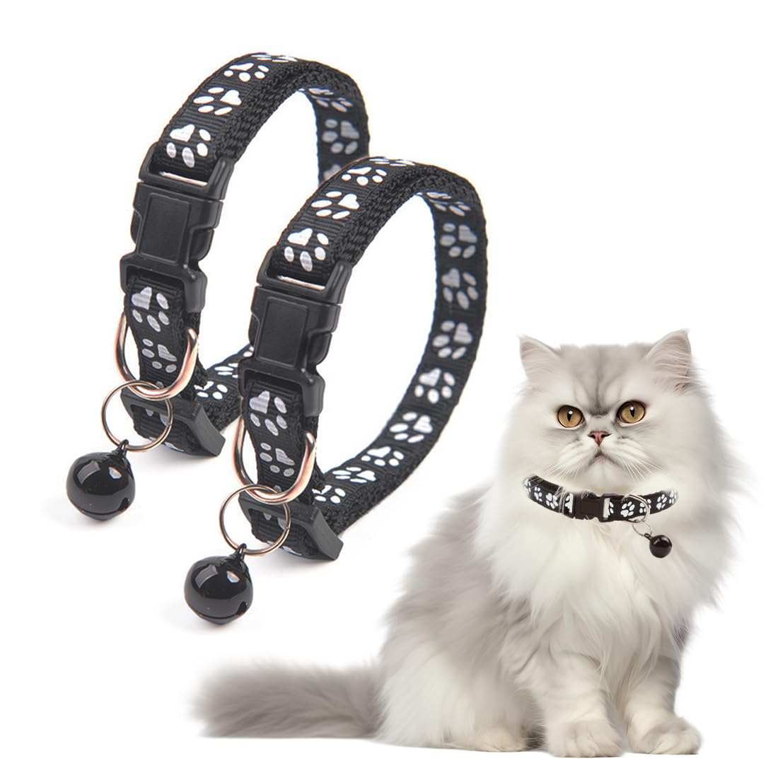 Reflective Cat Collar, 2 Pieces Cat Collars with Bells and Secure Quick Release Buckle, 19-32 cm, Black